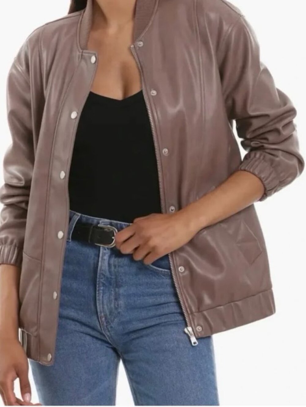 Avec Les Filles Faux Leather Oversized Bomber Jacket Taupe Size M